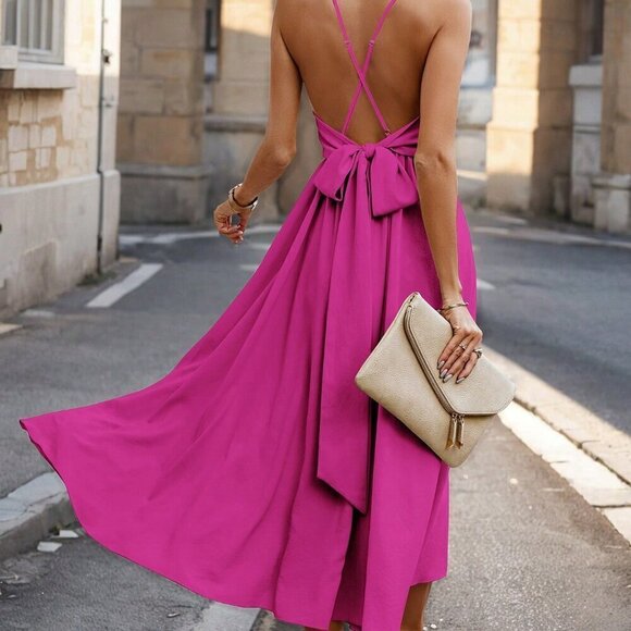 Hot Pink Sexy Women's Summer Criss-Cross Backless Holiday Casual Dress - Picture 2 of 6